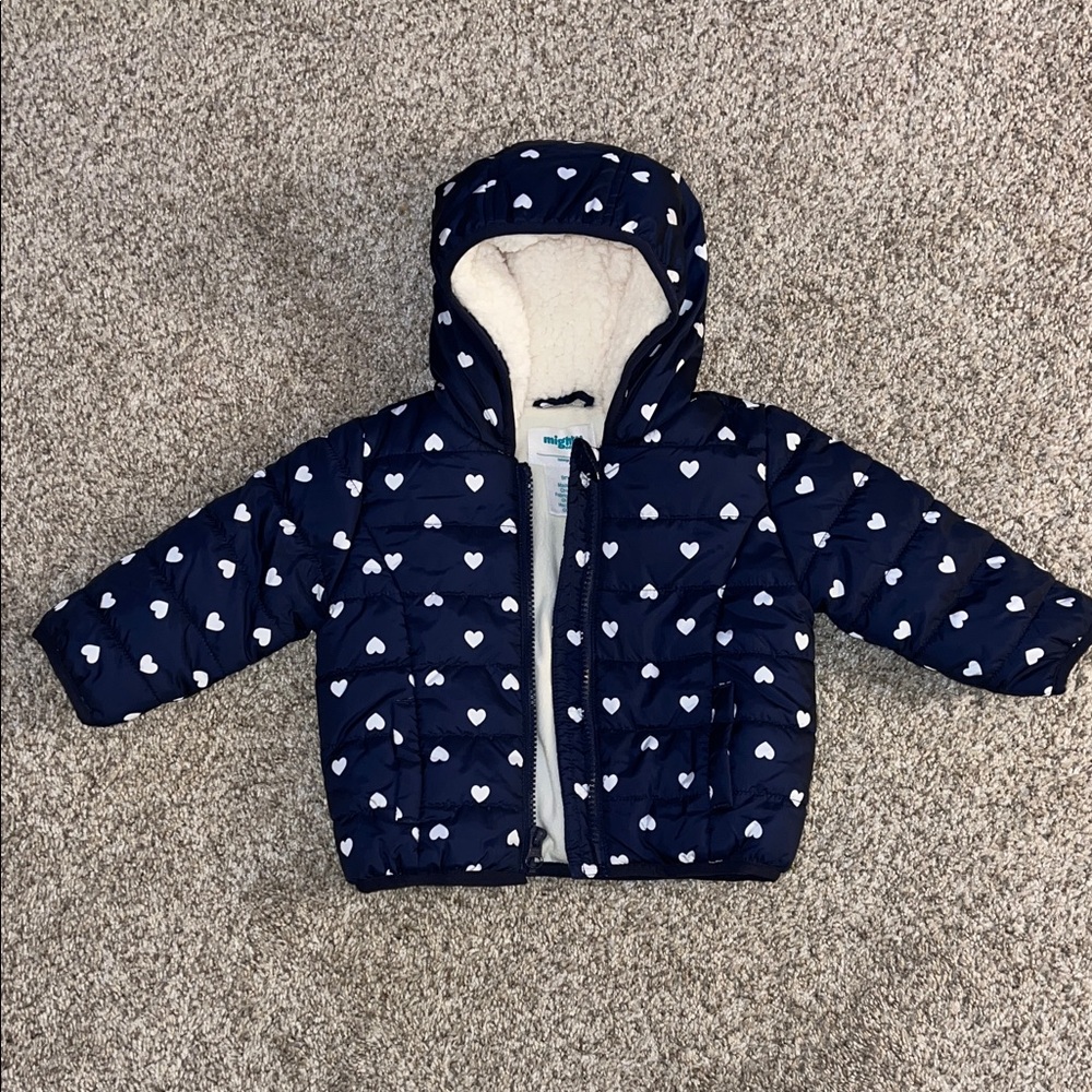 Navy Blue Heart Print Kids Puffer Jacket